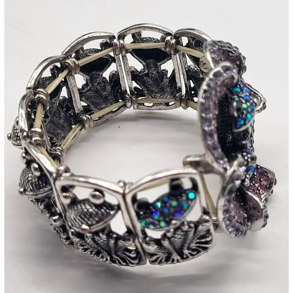YUHONG Rhinestone Stretch Silver Tone Bracelet FROG Whimsical Bling Fairy Flower - Picture 5 of 12